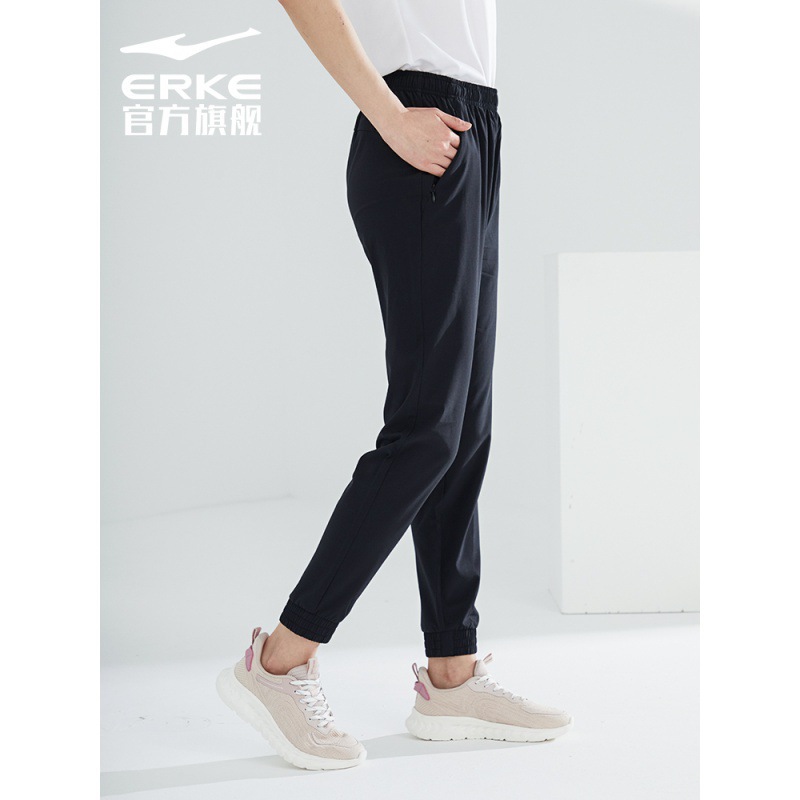 鸿星尔克运动裤夏季女士梭织速干束脚休闲裤九分长裤黑色裤子女裤