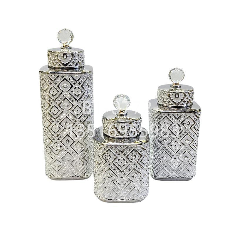 European-Style Gold-Plated Silver Ceramic Pot Plaid Vase Crystal Light Luxury Crafts Soft Decoration Ornaments Golden Castle Vase