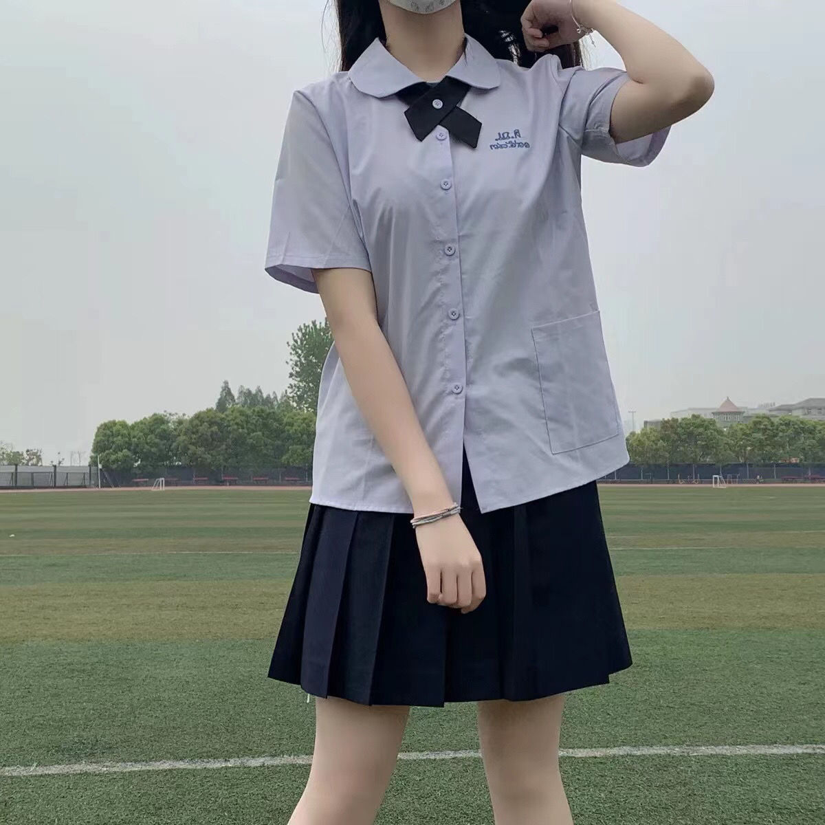 新款圆领jk制服百褶裙女夏套装宽松衬衫女泰国学生校服(三件套)