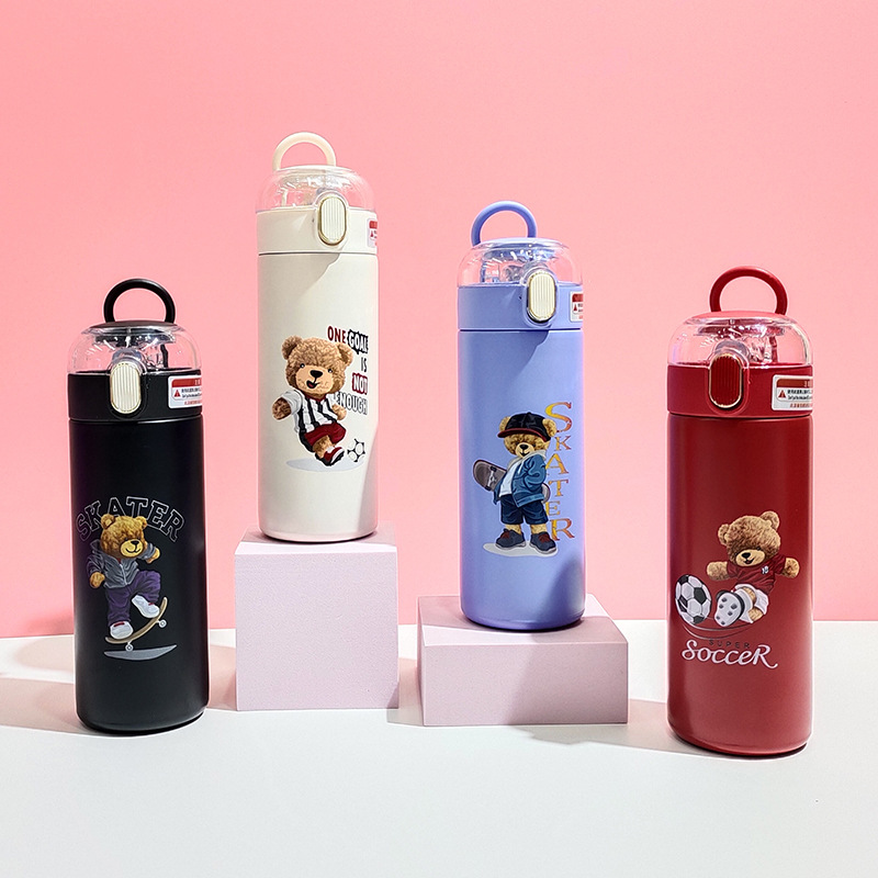 Factory Direct Sales Cross-Border 304 Stainless Steel Thermos Cup Solid Color Handle Cover Cartoon UV Print Teddy Bear Tumbler
