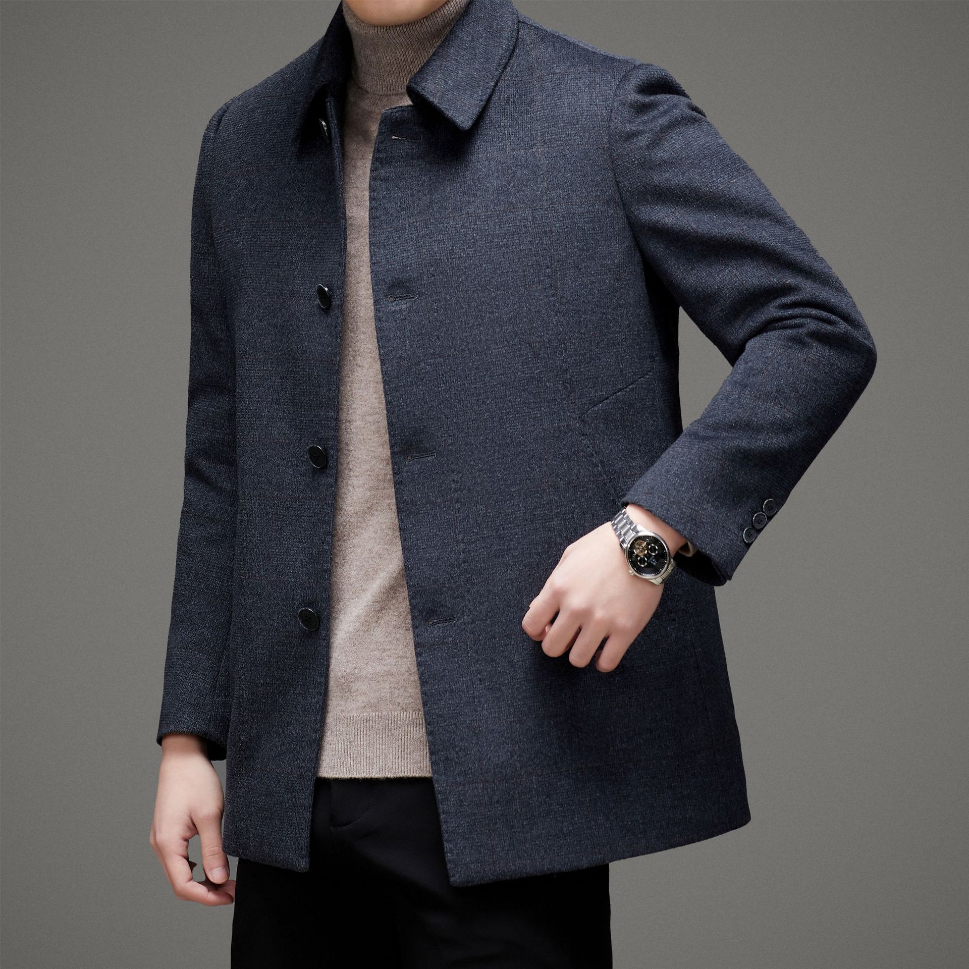 中年男式羊毛羊绒大衣秋冬季羽绒内胆单排扣毛呢外套男爸爸装夹克