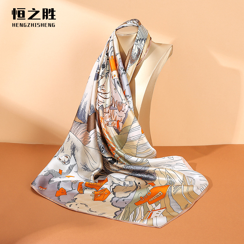 High-Grade Silk Scarf 90 Spring and Autumn Women's Large Kerchief Sun Protection New Crepe Satin Mulberry Silk High-End Gift