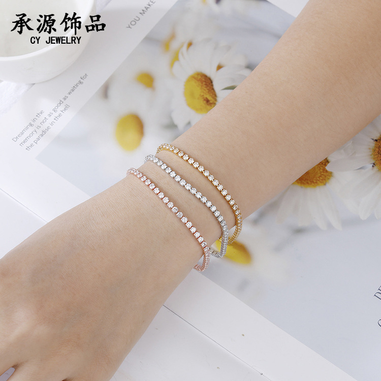 Cross-Border Hot 2.5mm Single Row Fully-Jeweled Crystal Women's Bracelet Inlaid 3A round Zircon Tennis Twin Bracelet Wholesale