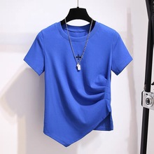 克莱因蓝色T恤女短袖炸街2023夏季新款不规则上衣设计感小众短款