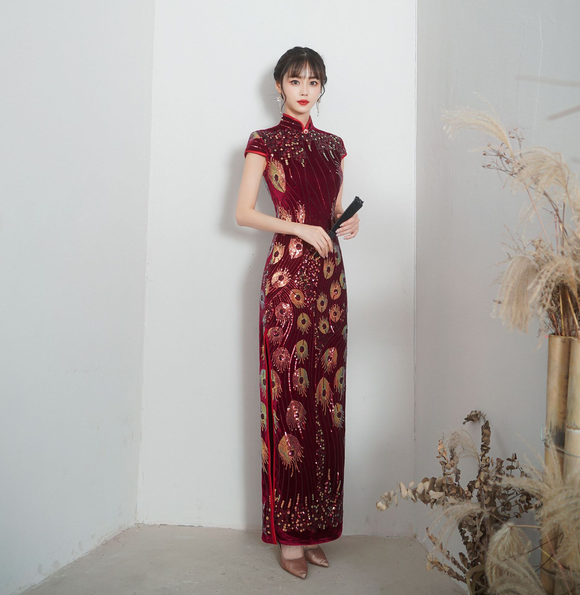 2021新款红色丝绒亮片立领旗袍 民国复古休闲长款收腰旗袍连衣裙