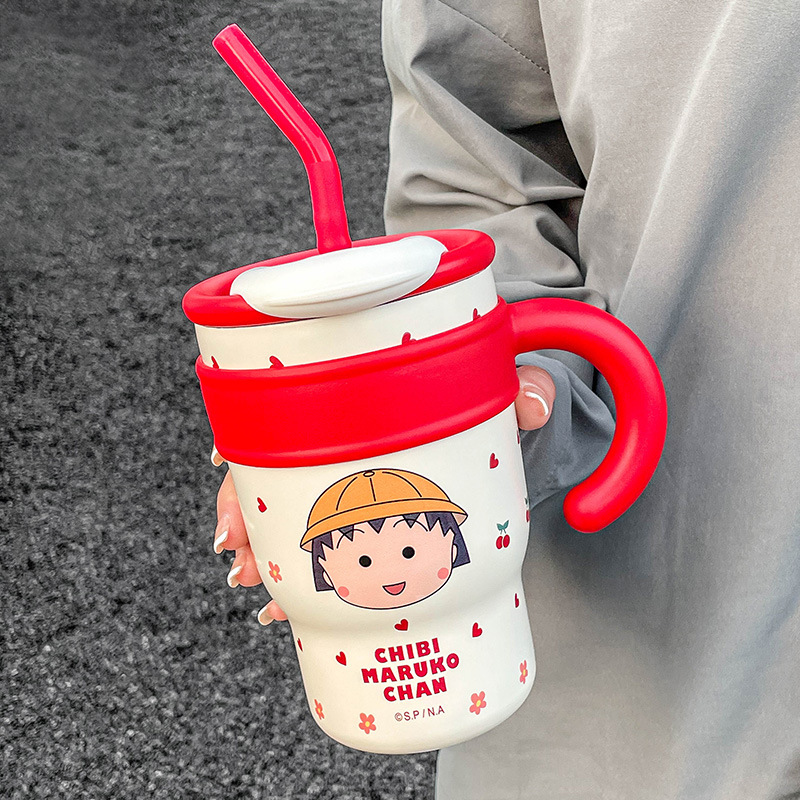 樱桃小丸子保温杯女生高颜值办公室水杯吸管杯子可爱冰霸杯大容量