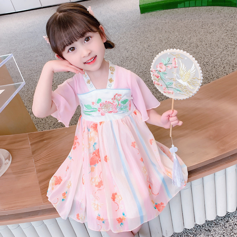 Girls' Lotus Hanfu 2023 Summer New Children's Clothing Children Ancient Chinese Clothing Dress Children's Bell Sleeve Fairy Dress