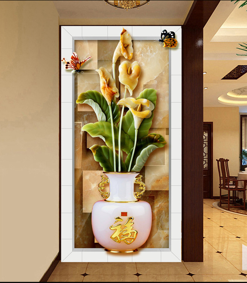 中式轻奢18d孔雀过道玄关墙布8d入户进门走廊背景墙纸5d装饰壁画