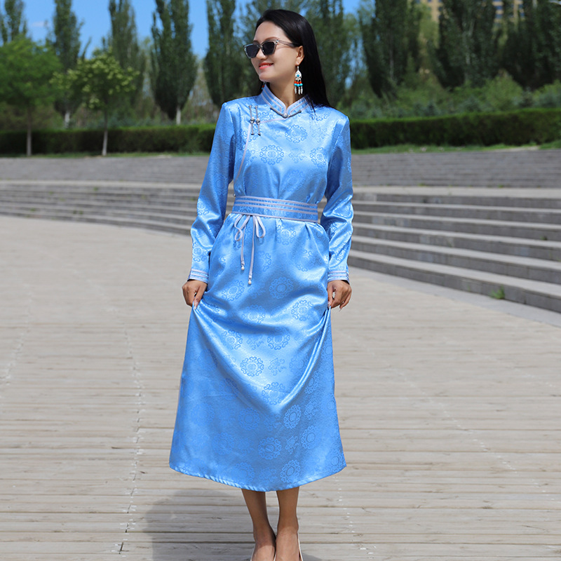 蒙古服装女传统长款蒙古袍连衣裙日常生活装蒙古元素春秋生活装