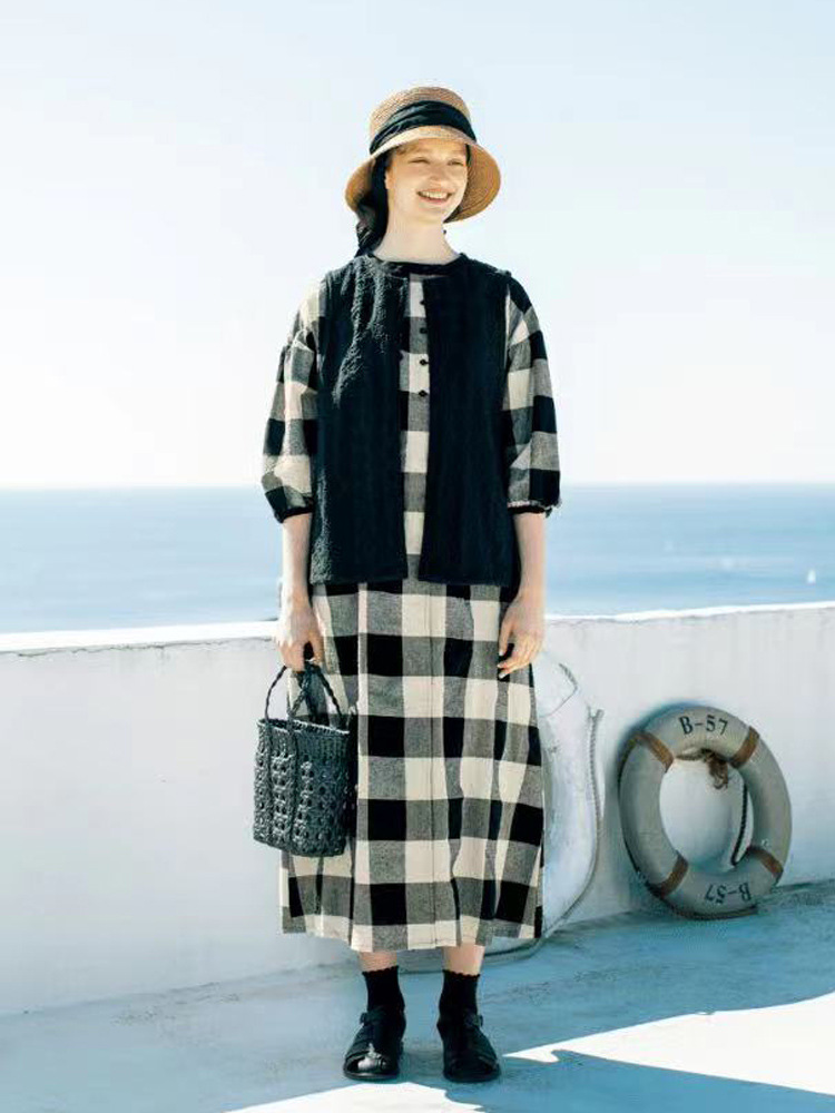 日单sm2日系森系文艺风格子图案连衣裙棉麻宽松yd七分袖袍子裙