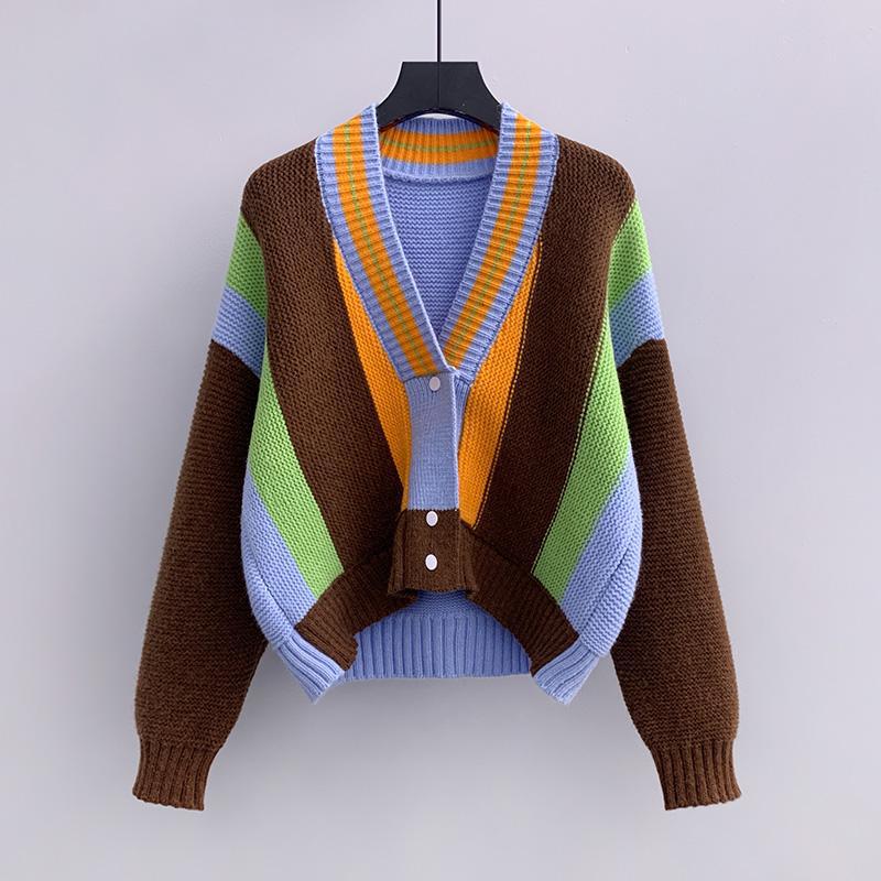 粗针短款撞色拼色毛衣开衫外套女跨境秋装新品韩版宽松上衣潮款