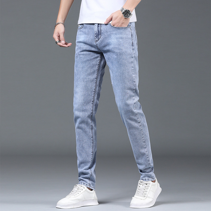 Summer Light Color Thin Slim Jeans Men's Cropped Ripped Ankle-Tied Pants Men Fashion Brands Trendy Long Pants Men