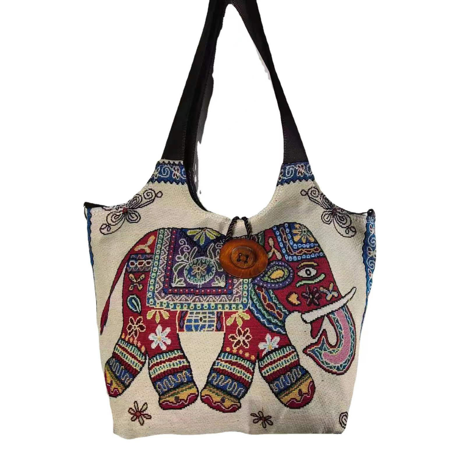 民族风手工单肩包大象帆布包双面刺绣布艺包四季百搭学生大容量包