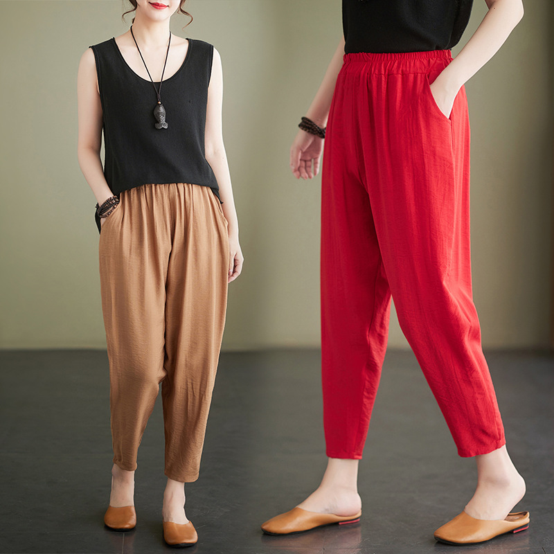 Pure Cotton and Linen Cropped Pants 2023 Summer Thin Women's Pants Loose Large Size Mother Elastic Waist Casual Pants Harem Pants Women