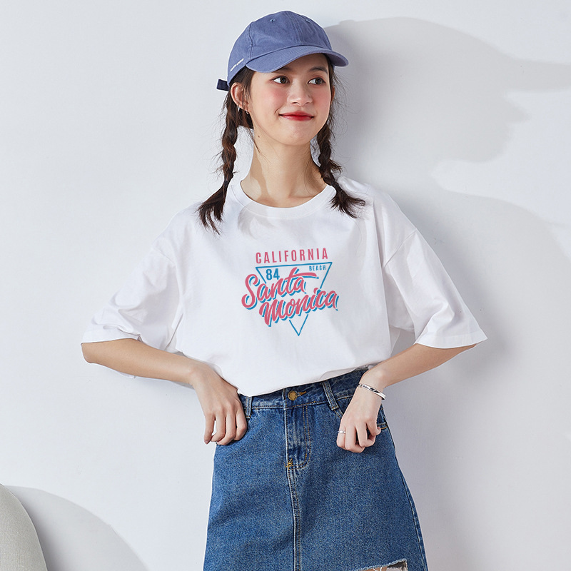 2024 Summer New Loose Western Style round Neck Cotton White T-shirt Female Fresh Cartoon Printed Short-Sleeved Top Women Clothes