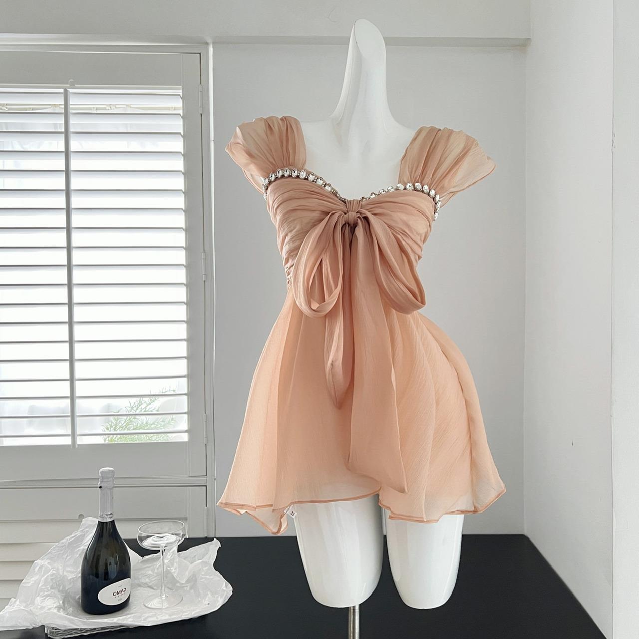 2024夏季新款纯色不规则设计性感辣妹蕾丝抹胸上衣女扭结绑带背心