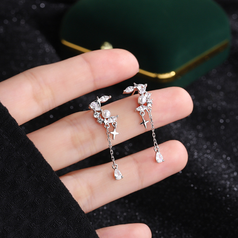 Difeng S999 Pure Silver Star Moon Tassel Water Drop Stud Earrings Female Romantic Moon Falling Star Pearl Earrings Fairy Style Earrings