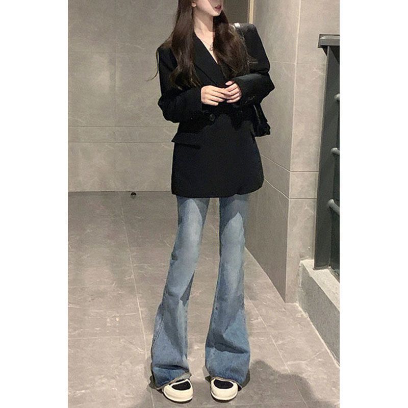 Raw Hem High Waist Slightly Flared Jeans Women's Spring and Autumn 2023 New Loose All-Match Design Sense Lengthened Mop Pants