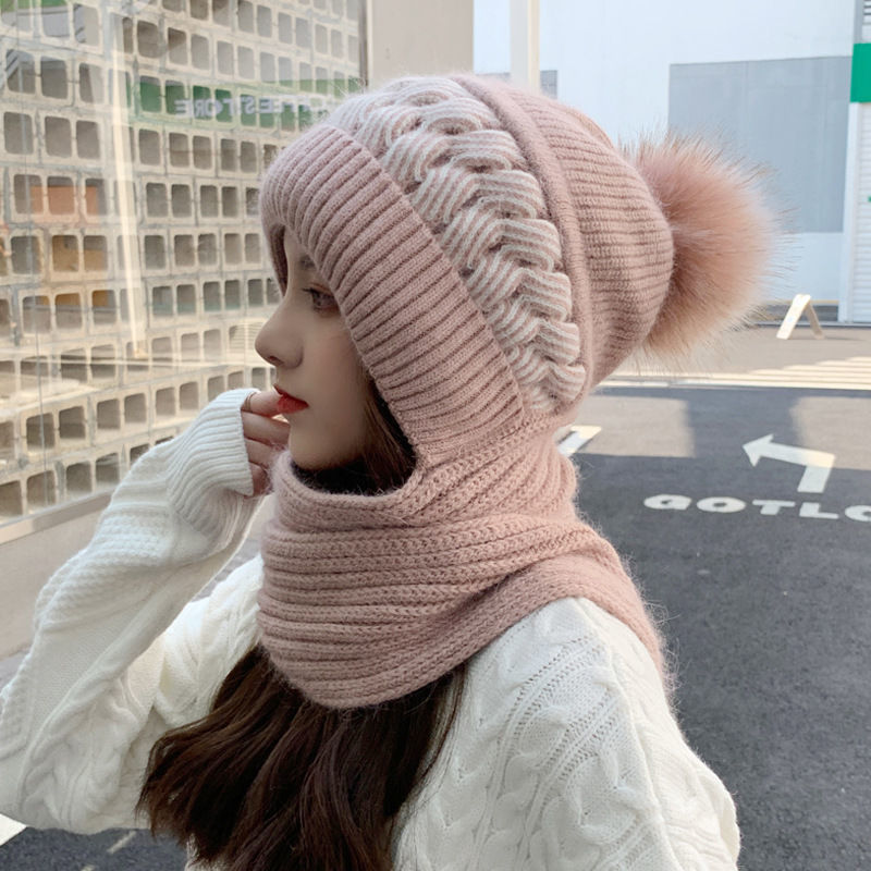 Korean Style Scarf Integrated Hoodie Neck Warmer Women's Korean-Style Winter Warm Wool Hat Cycling Earflaps plus Fluff Knitted Hat