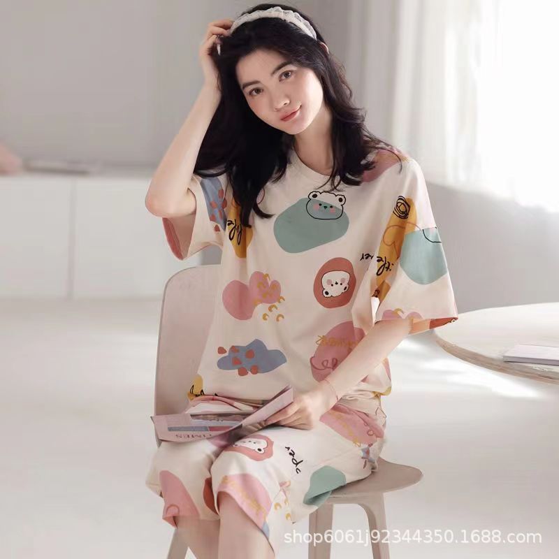 women‘s pajamas summer cropped pants cute short sleeve loose thin large size ladies‘ homewear suitable for daily wear suit