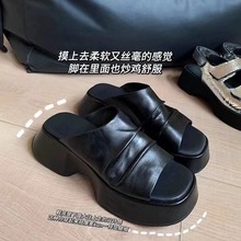 现货真皮厚底一字拖鞋女2025夏季新款百搭休闲外穿松糕底增高凉鞋