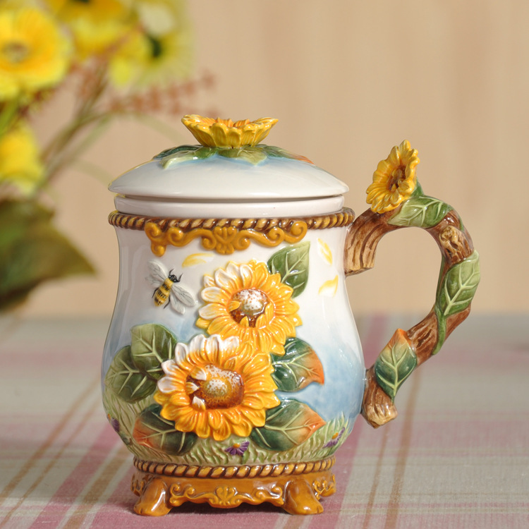 Ceramic Underglaze SUNFLOWER Sunflower Cup with Lid Household Living Room Water Cup Tea Strainer Tea Cup Filter Cup