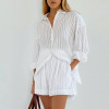 2022 summer Women's wear Europe and America temperament shirt Jacquard weave stripe puff sleeve shorts commute Sense of design leisure time suit