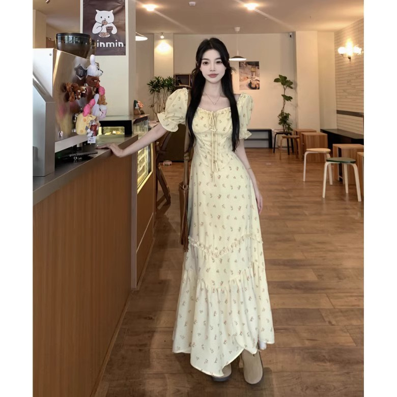 原版质量 拉链 法式田园风连衣裙女夏季甜美碎花裙遮肚显瘦长裙子