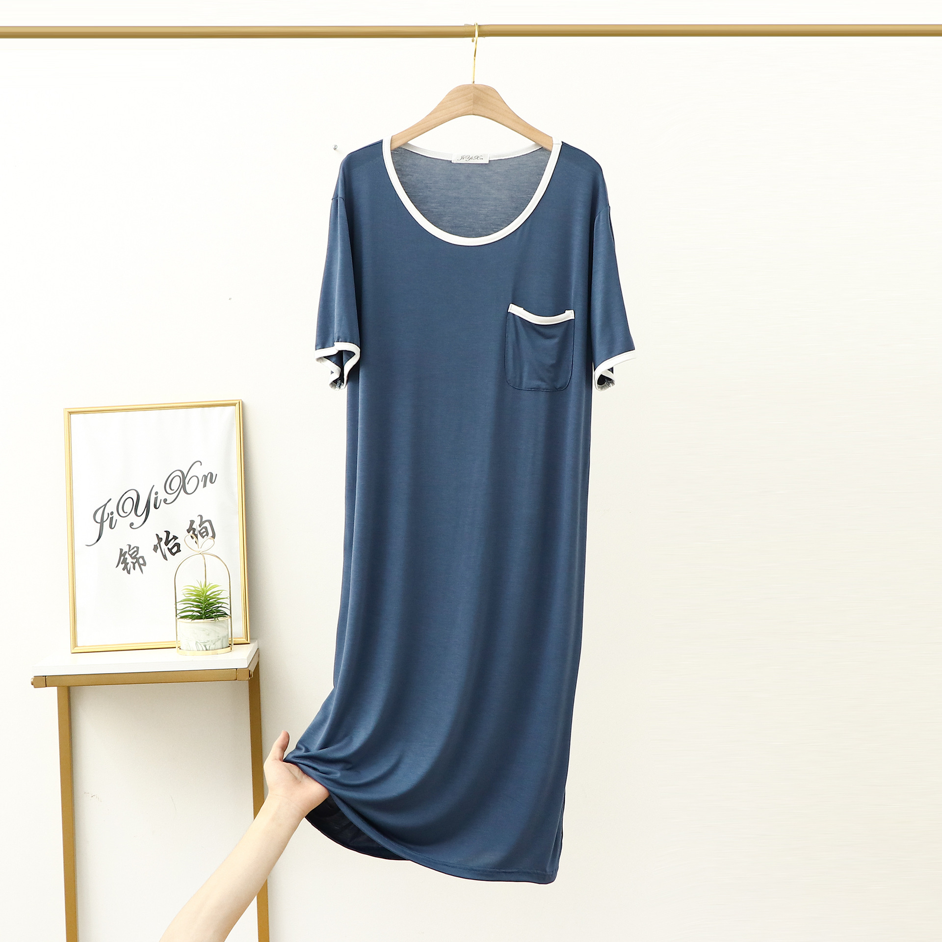 莫代尔连衣裙女夏季睡裙圆领薄款居家裙宽松打底裙中长款大码长裙