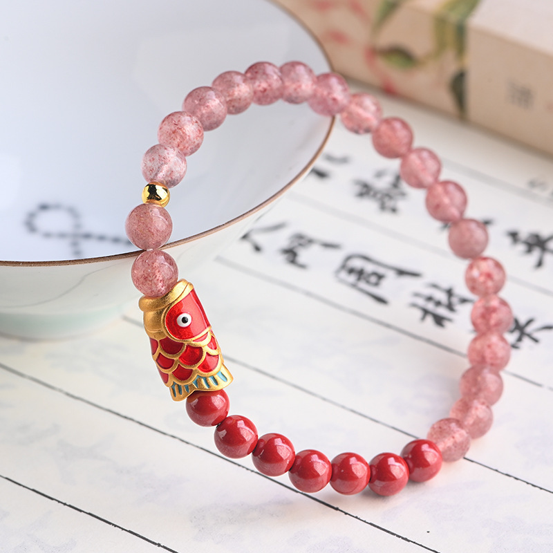 [Koi] Red Strawberry Quartz Raw Ore Emperor Cinnabar Bracelet Old Gold Drop Oil Bracelet Zodiac Year of Birth Accessories Gift for Women