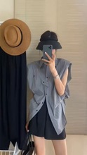 0435小香风上衣法式高级感夏季新款灰色无袖宽松衬衫女设计感小众