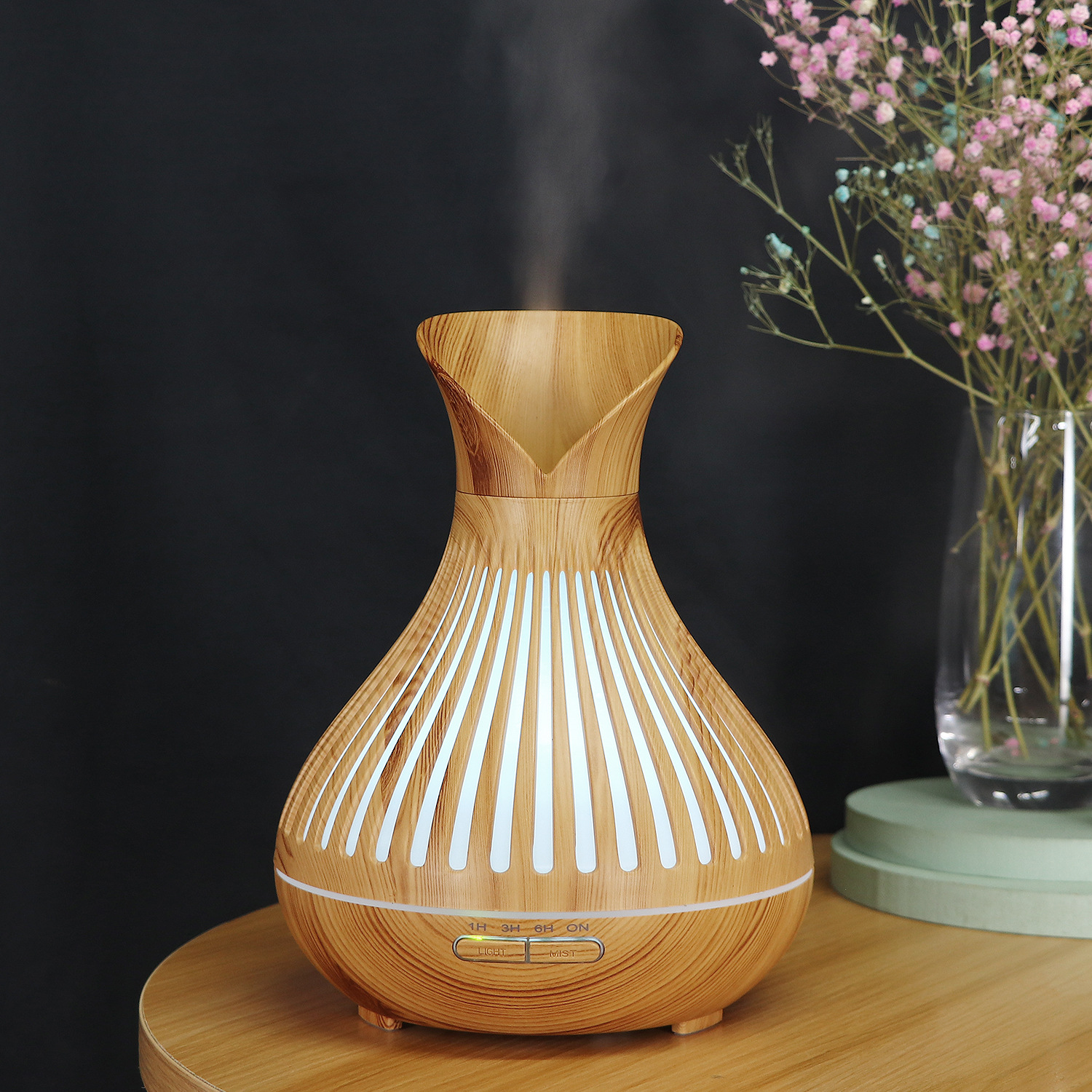 2021新款aroma diffuser 500ml木纹香薰加湿器家用镂空花瓣香薰机