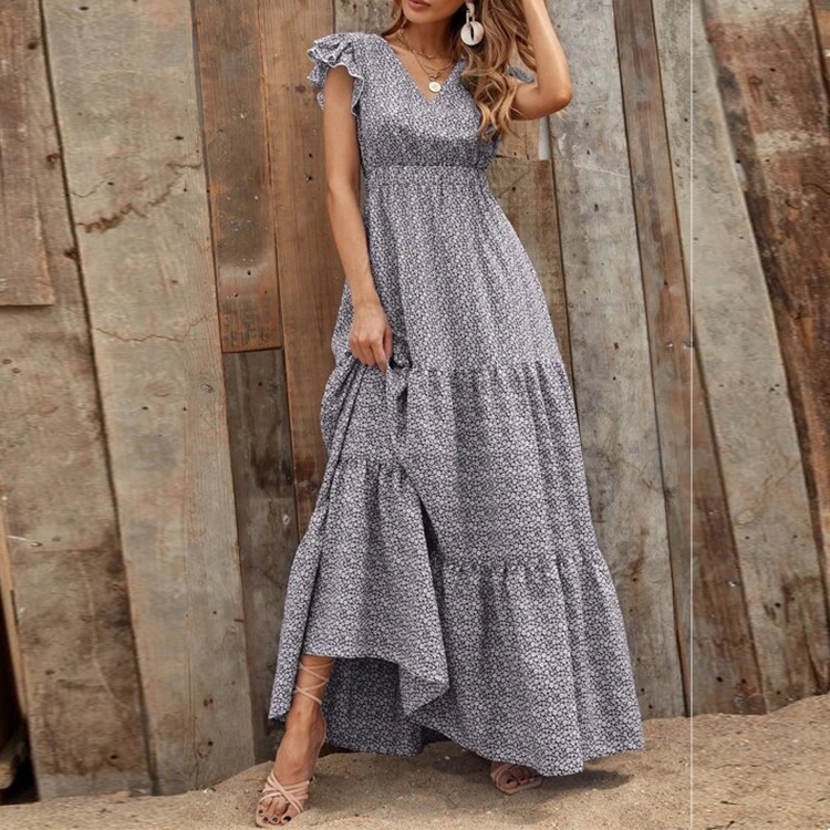 Cross-Border Amazon AliExpress 2023 New V-neck Printed Short Sleeve Waist-Controlled Long Dress Bohemian Dress for Women