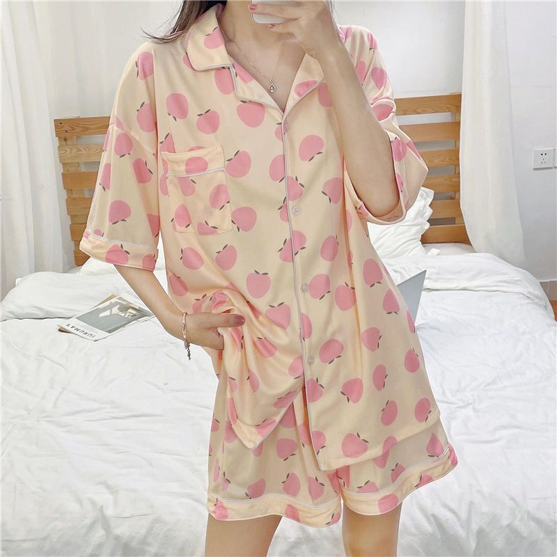 韩版小熊ins睡衣夏季女短袖短裤时尚甜美薄款夏天开衫家居服套装 图片