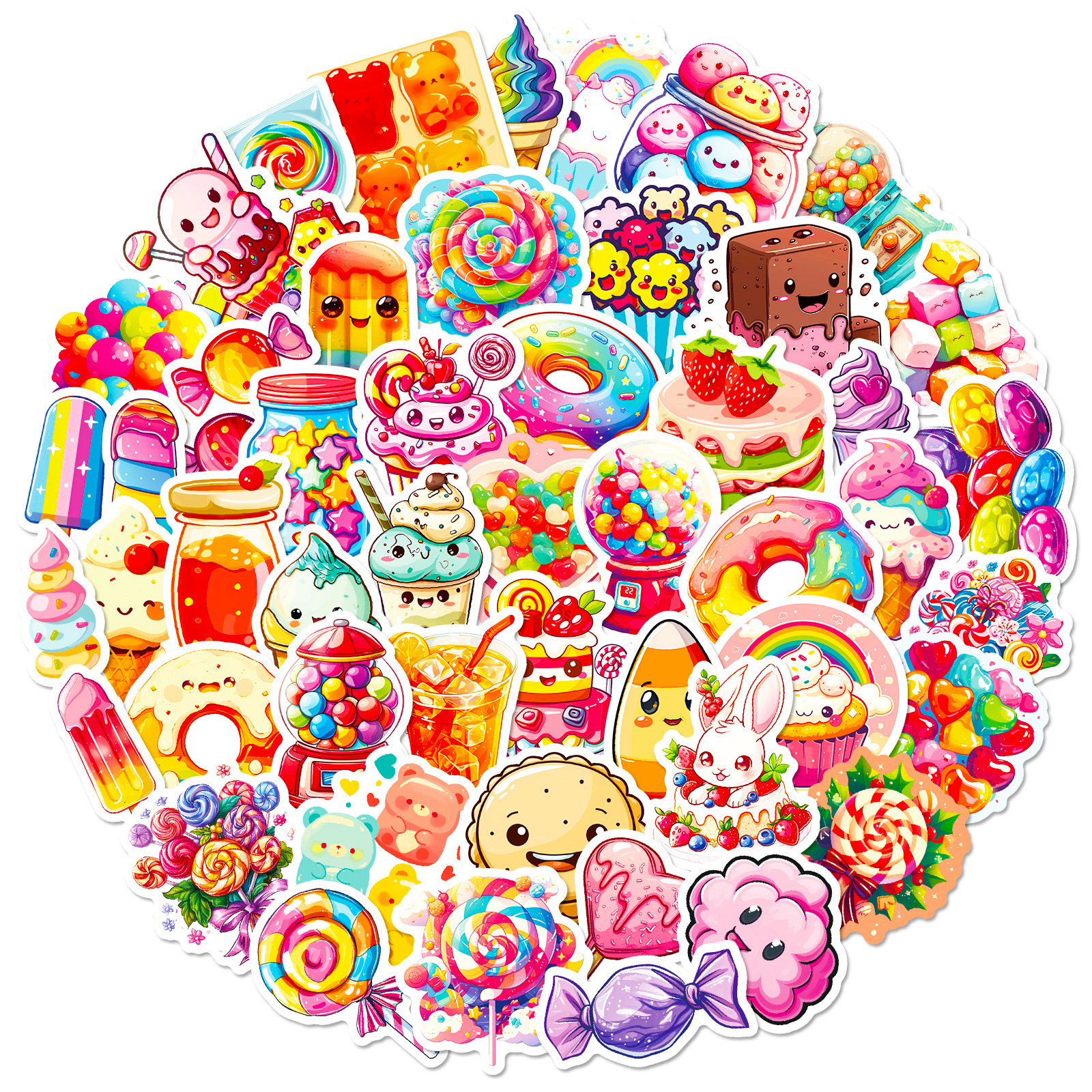 50张七彩糖果卡通涂鸦贴纸彩色棒棒糖甜品小熊软糖贴纸diy手帐贴