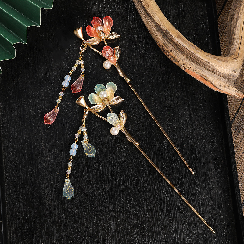 Antique Lotus Alloy Detachable Tassel Updo Hairpin Han Chinese Clothing Accessories Super Fairy Hair Clasp Hairpin National Style Hair Accessories for Women