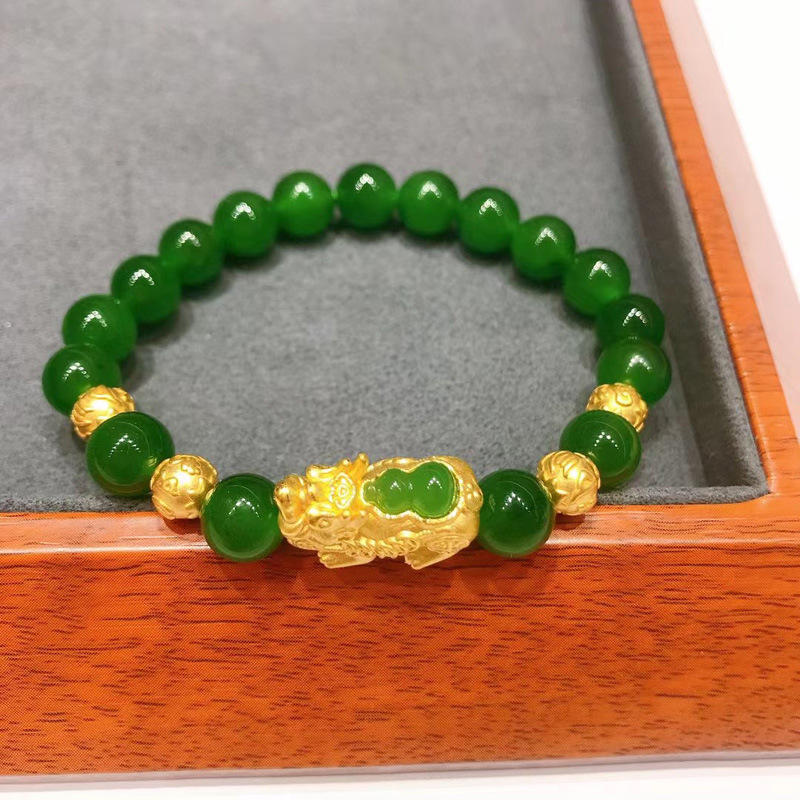 999足金貔貅手链女黄金镶和田玉手串3d硬金路路通转运珠生日送礼