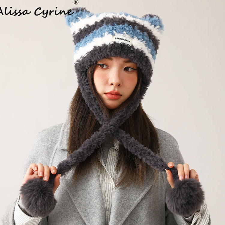 Winter Winter Warm Dopamine Color Matching Cat Ears Hat Plush Woolen Knitted Hat Can Be Used as Bag Ushanka