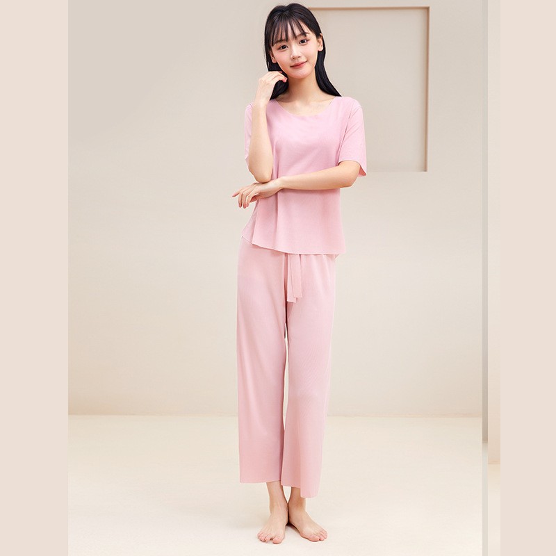 Spring and Summer Couple Pajamas Home Wear Loose Thread Ice Silk round Neck Home Wear Suit Various Platforms Delivery Wholesale