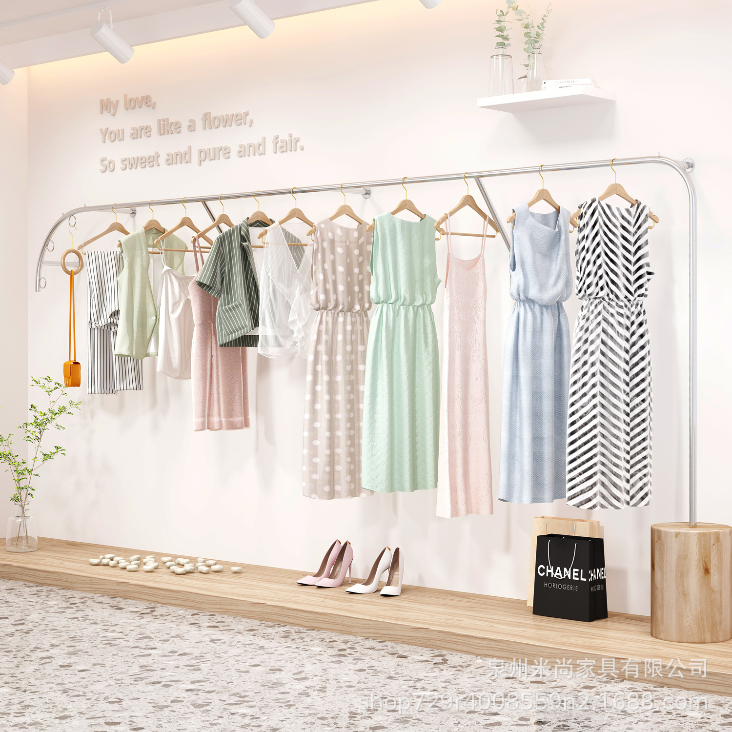 不锈钢银色拉丝货架上墙挂衣杆服装店展示架女装货架落地式陈列架