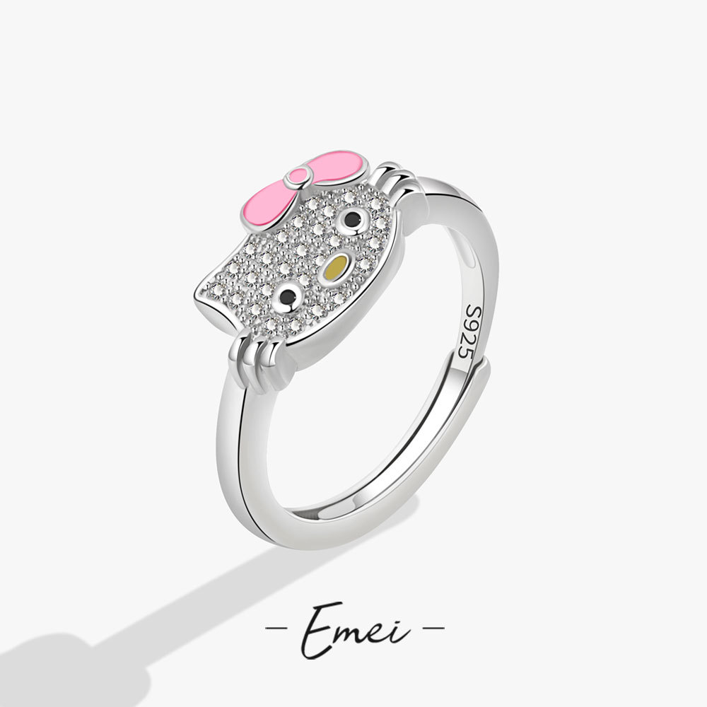 日韩版猫咪kitty镶钻滴油可爱时尚简约戒指女 卡通人物戒子手饰品