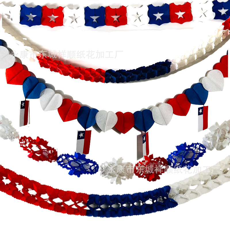 cross-border american independence day flag of chile color red white blue paper garland 2 m party layout latte art door hanging decoration