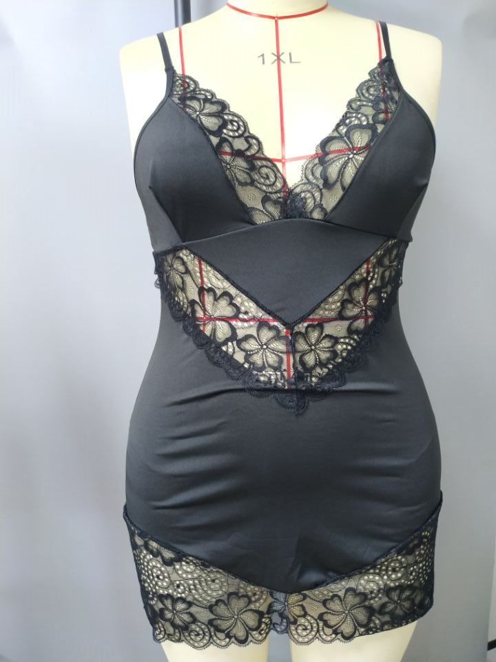 外贸亚马逊大码情趣内衣女 深v蕾丝镂空睡衣 后钩扣吊带裙xl-4xl