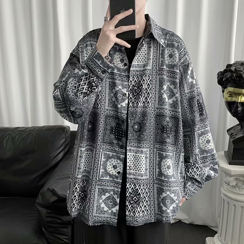 新款暗黑系高街嘻哈腰果花长袖衬衫男女ins美式宽松休闲bf风衬衣