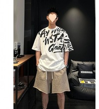 美式重磅字母涂鸦设计高级感T恤男士夏季潮流时尚流行款上衣