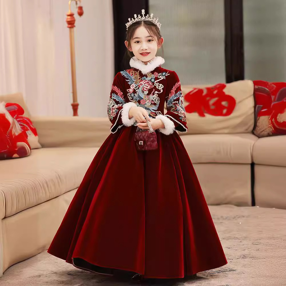 女童新年礼服红色公主裙儿童高端小主持人花童钢琴演出服冬季加厚