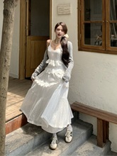 韩版时尚休闲套装女春季2024新款针织开衫吊带蛋糕连衣裙两件套潮