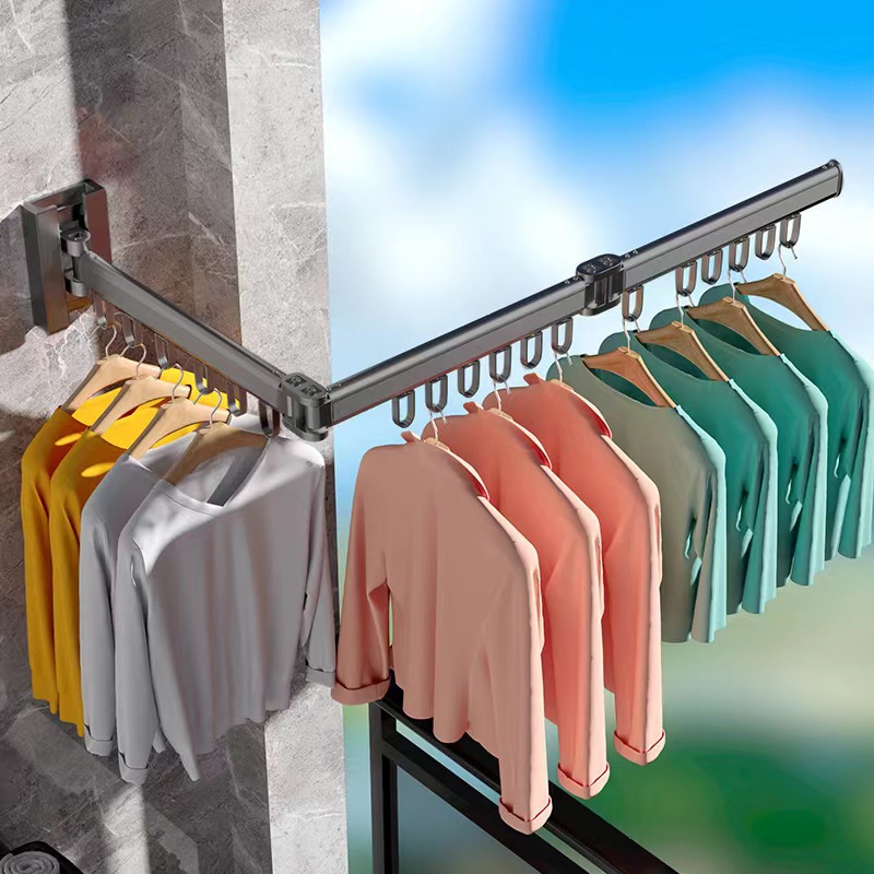 枪灰色隐形晾衣架杆壁挂式折叠免打孔室内窗户阳台伸缩飘窗晾衣架