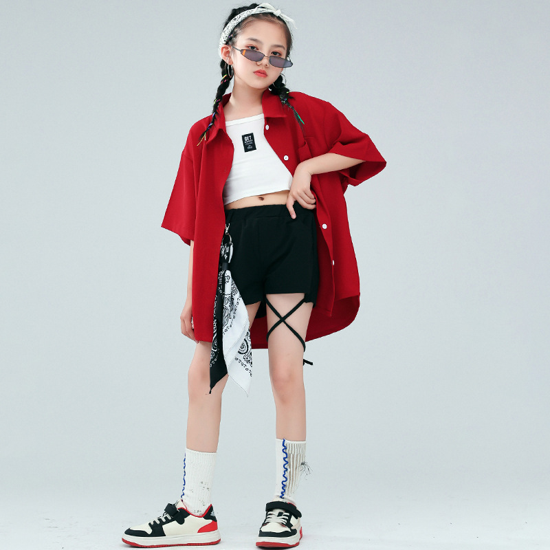 爵士舞服装女童嘻哈hiphop炸街潮牌童装走秀演出服儿童街舞潮服男