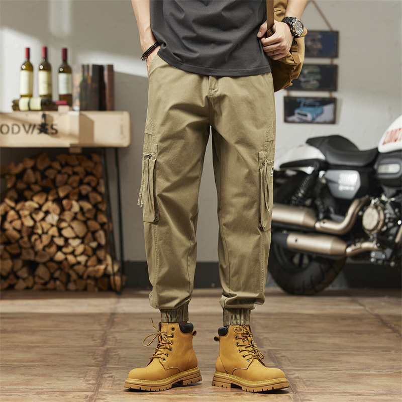 美式复古工装裤男配马丁靴春夏潮牌痞帅宽松束脚九分休闲裤子男士